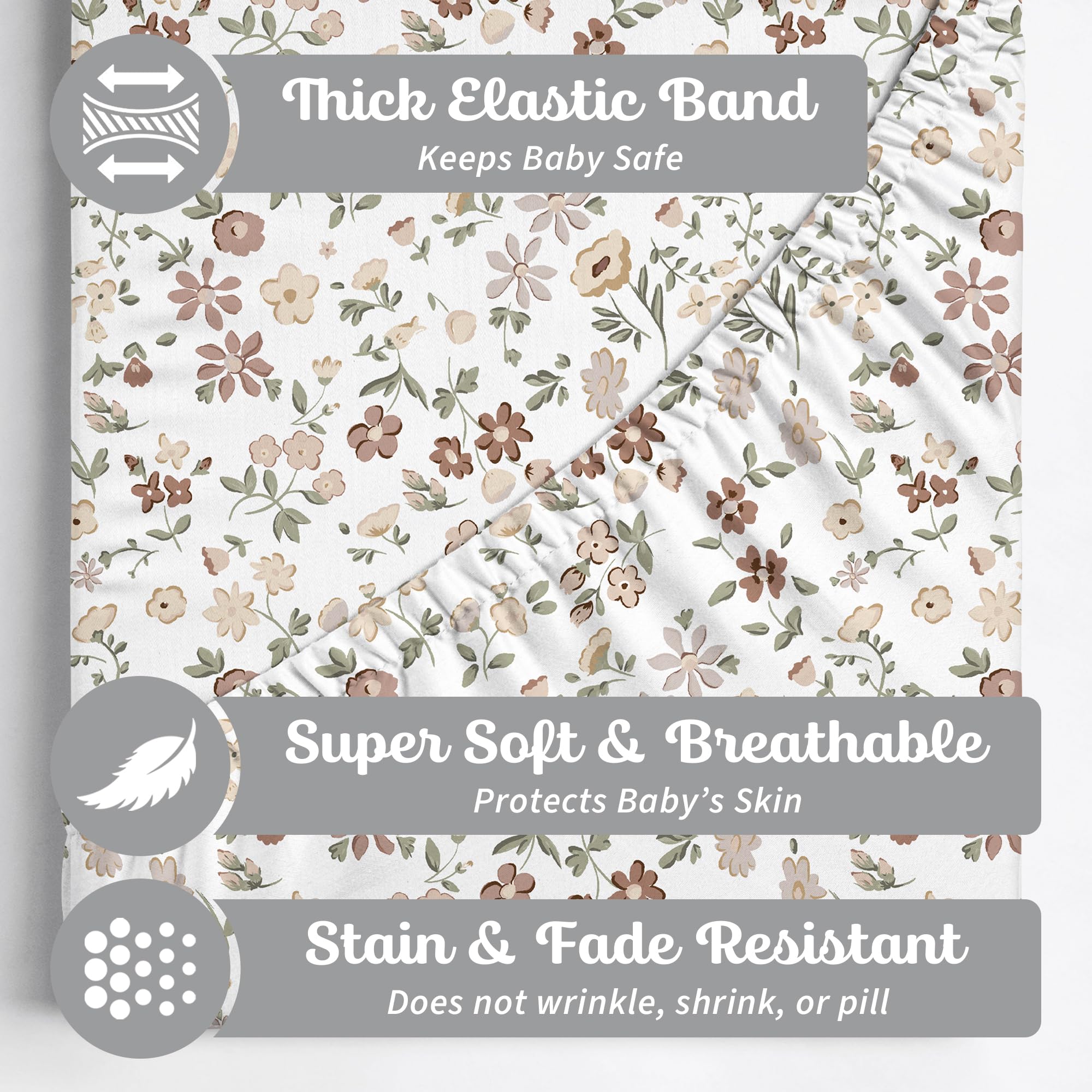 Sorrel + Fern fitted crib sheet showing deep elastic band for secure mattress grip.