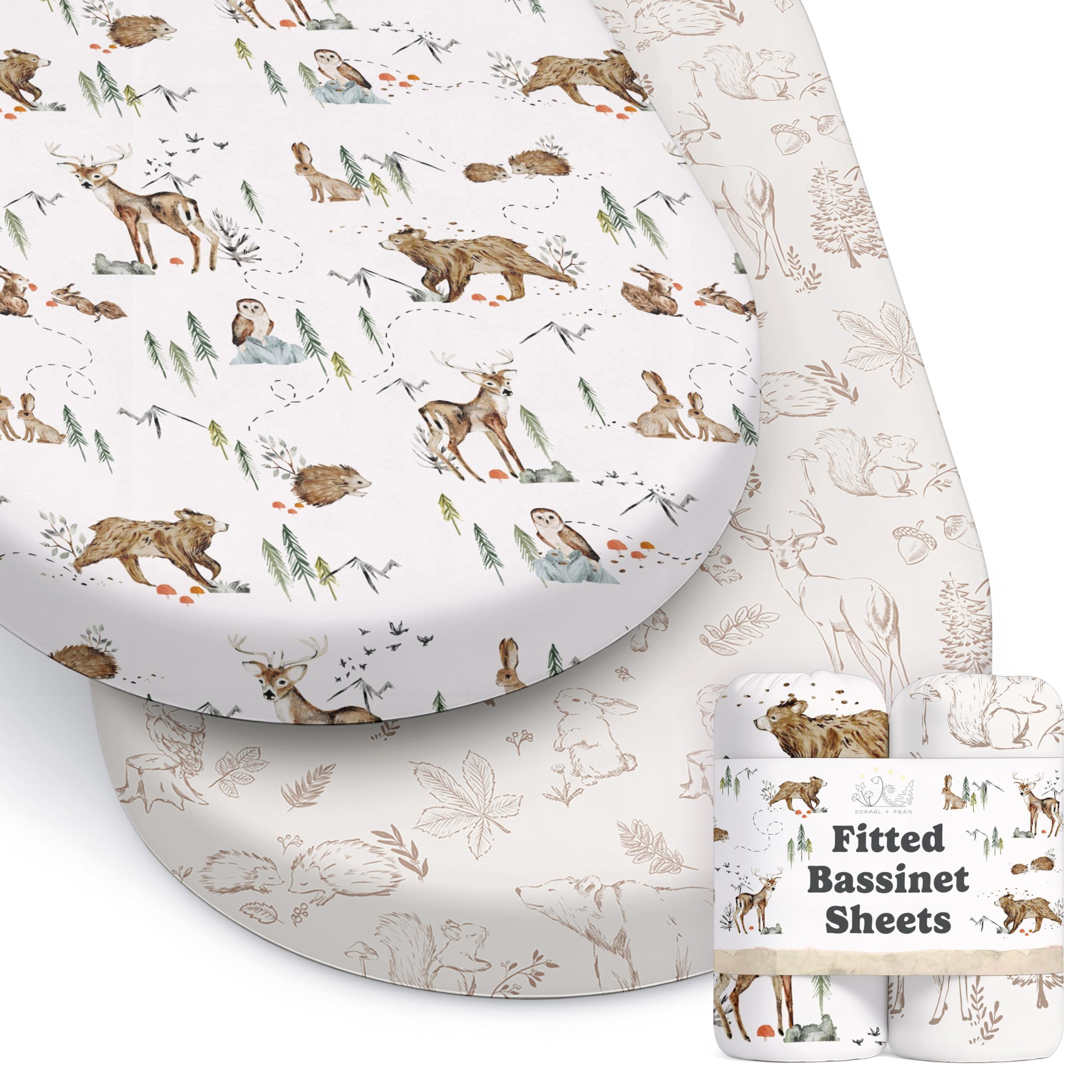Sorrel + Fern Magic Forest bassinet sheet pattern closeup showing soft fabric for gentle baby sleep.