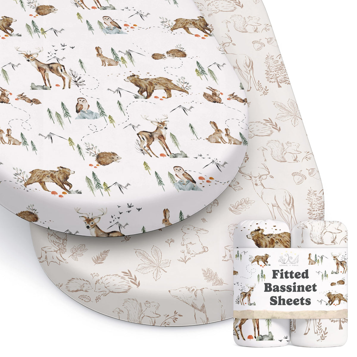 Sorrel + Fern Magic Forest bassinet sheet pattern closeup showing soft fabric for gentle baby sleep.