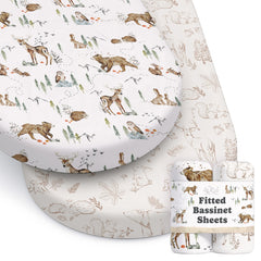 Sorrel + Fern Magic Forest bassinet sheet pattern closeup showing soft fabric for gentle baby sleep.