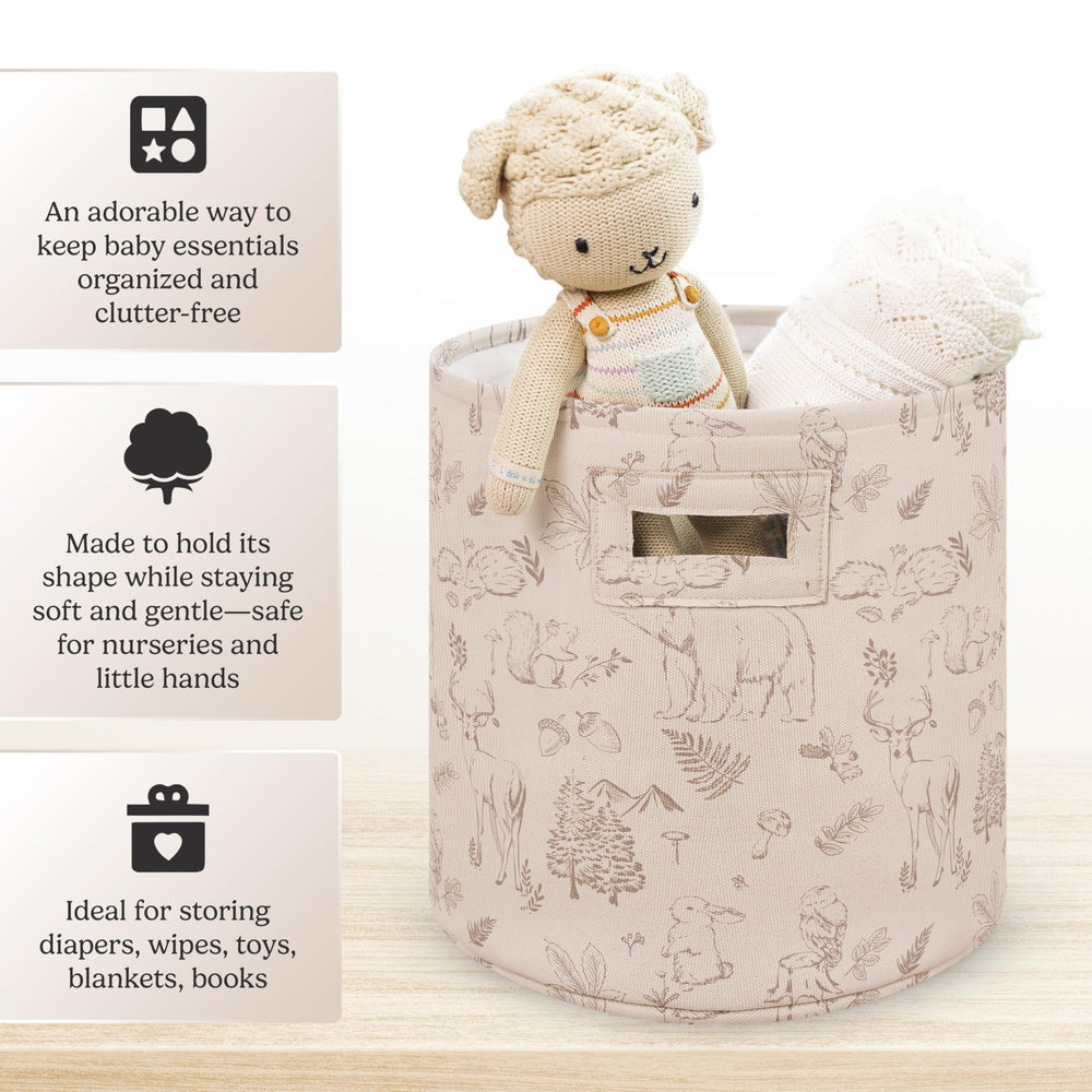 Sorrel + Fern toy storage basket open ready for plushies and books in Magic Forest.