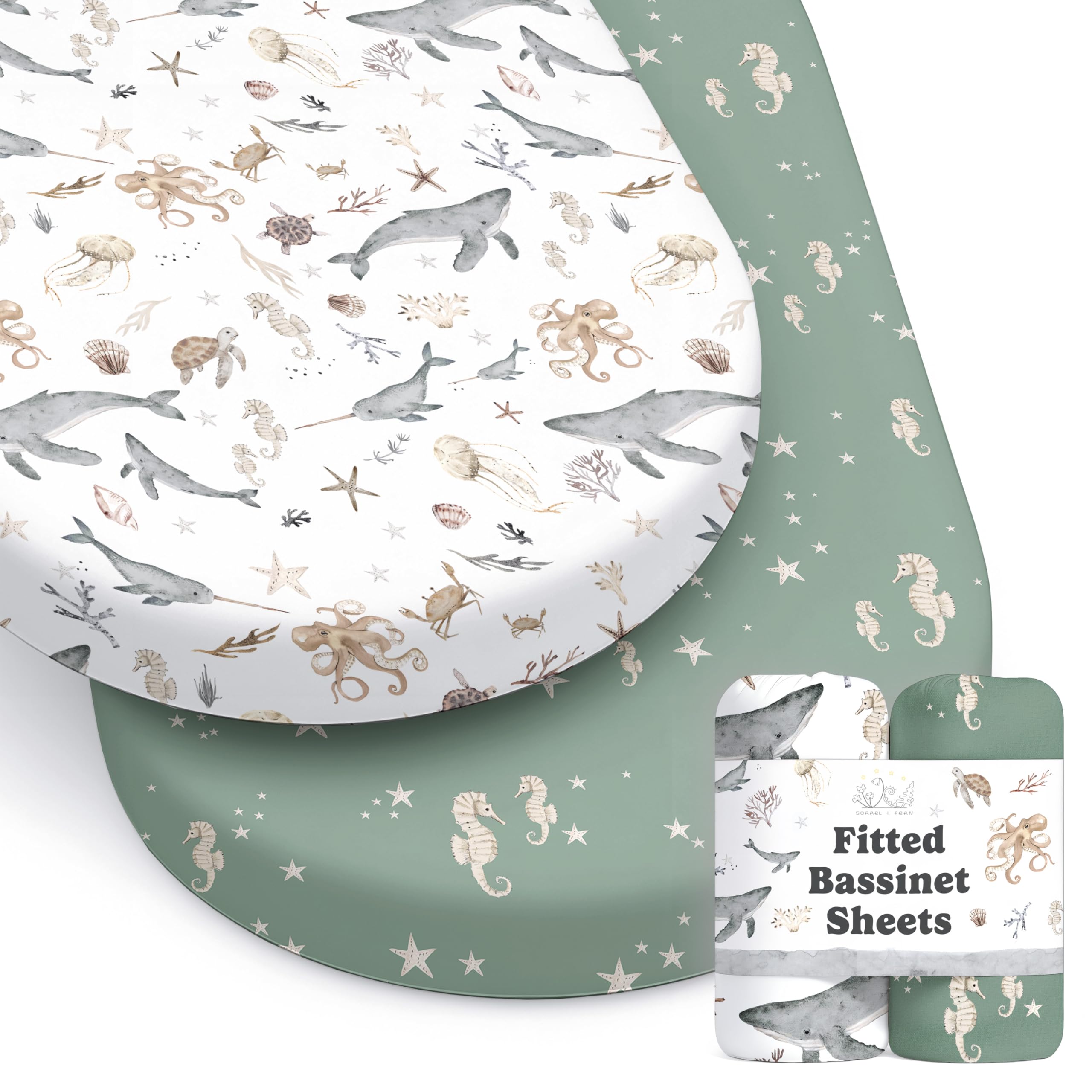 Sorrel + Fern Ocean Odyssey bassinet sheet close-up shows ultra-soft cotton blend for baby comfort.
