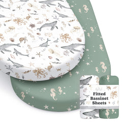Sorrel + Fern Ocean Odyssey bassinet sheet close-up shows ultra-soft cotton blend for baby comfort.