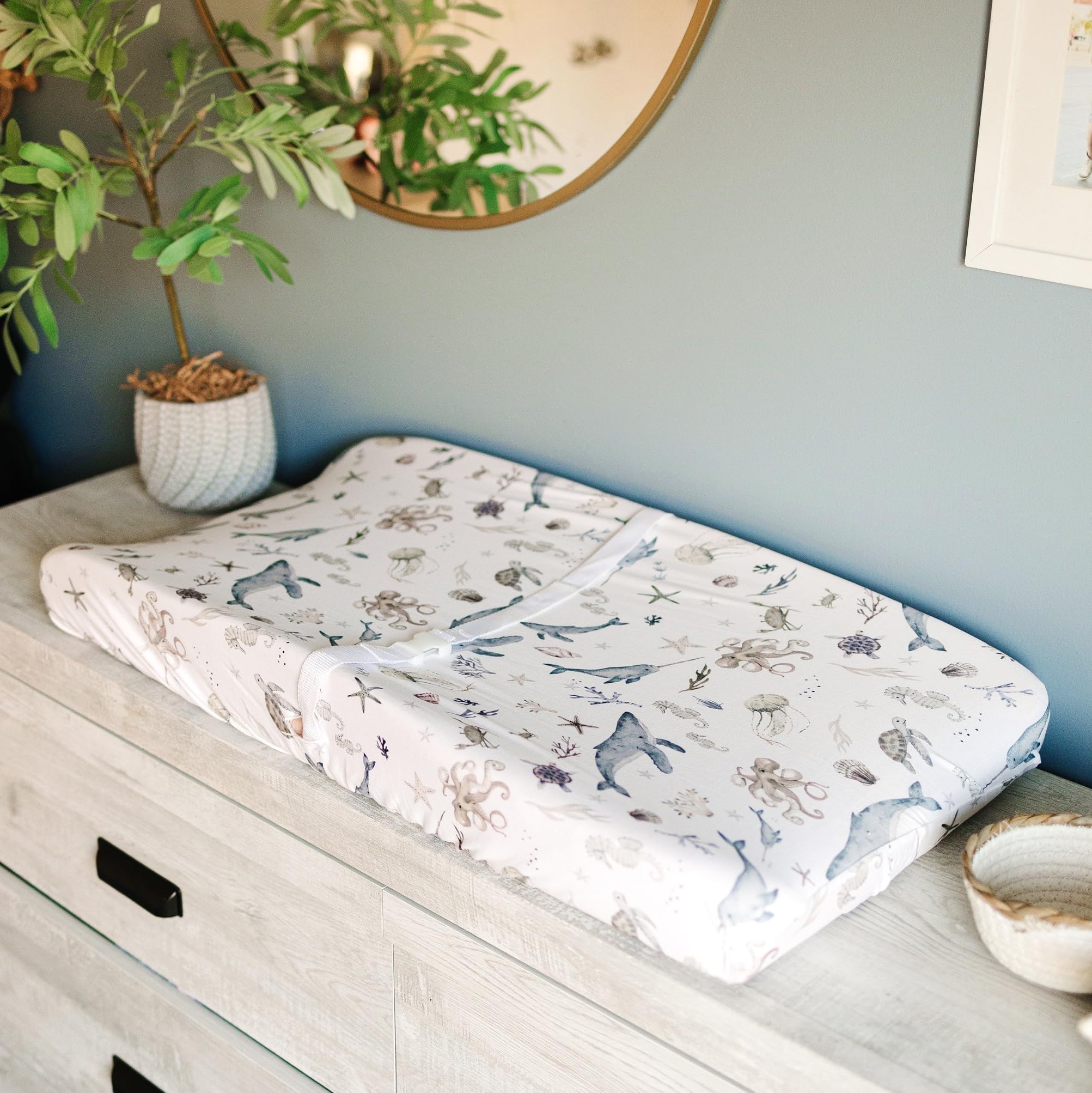 Sorrel + Fern Ocean Odyssey changing pad cover in soft cotton blend for gentle baby comfort