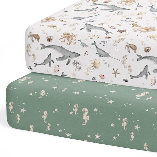 Sorrel + Fern Ocean Odyssey fitted sheet with a snug, slip-free crib fit.