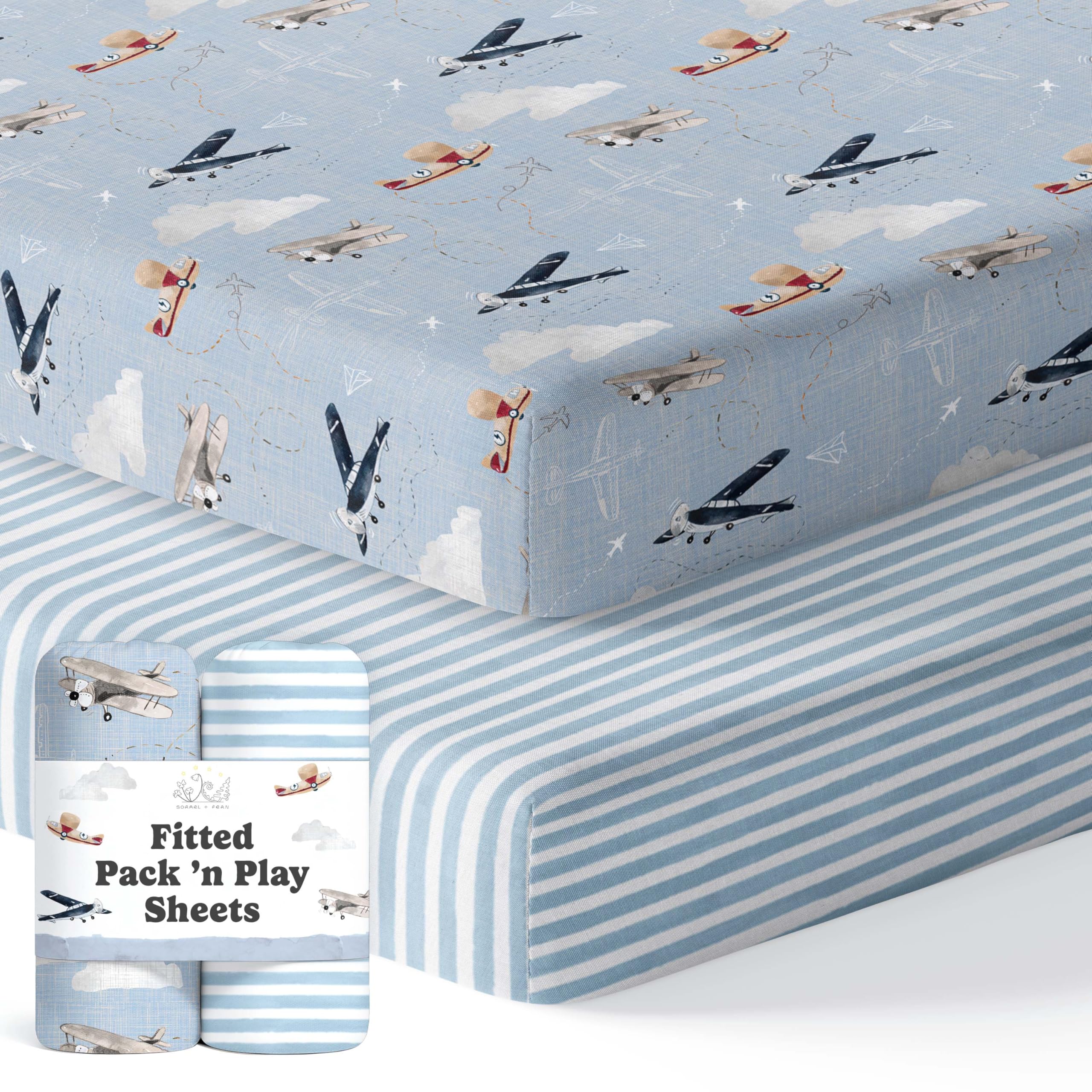 Sorrel + Fern Pack N Play sheets with airplane in the clouds design, snug fit for safe sleep.