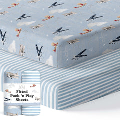 Sorrel + Fern Pack N Play sheets with airplane in the clouds design, snug fit for safe sleep.