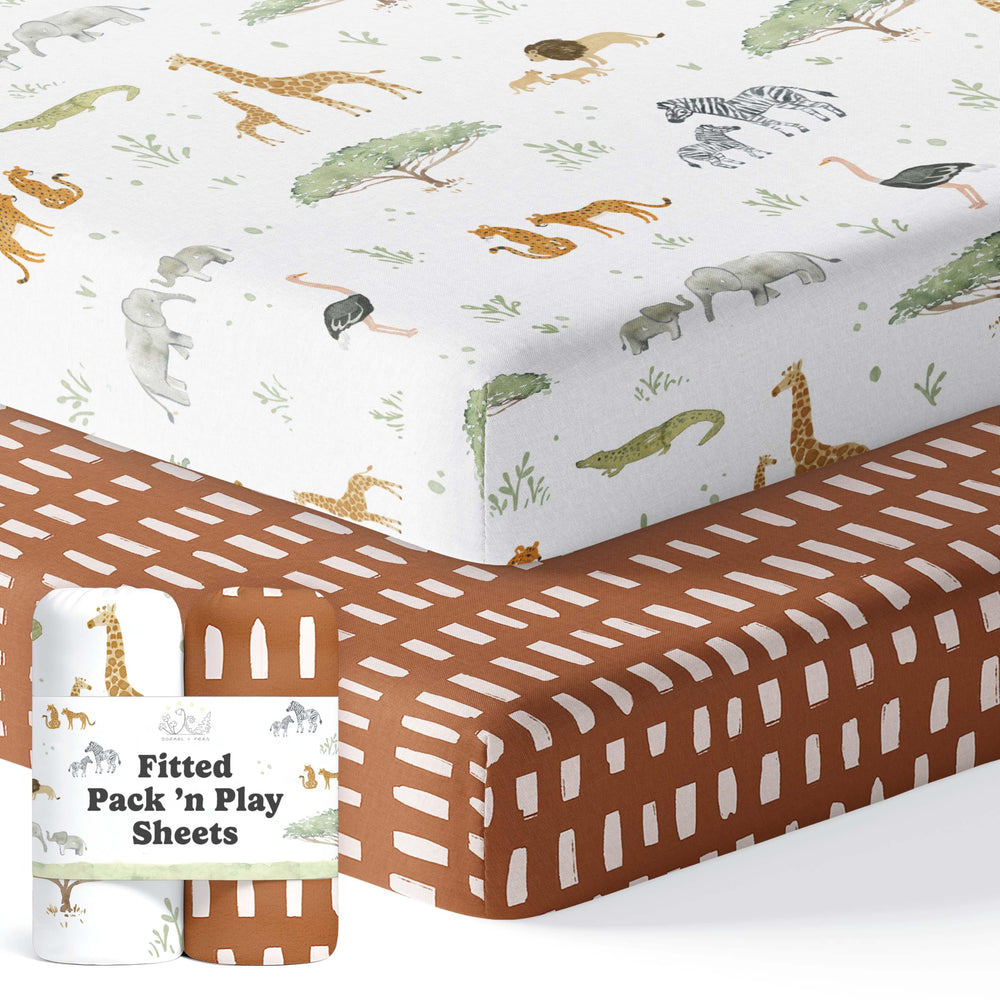 Sorrel + Fern Safari Adventure print sheet fitting Graco playards securely
