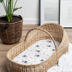 Sorrel + Fern soft cotton blend bassinet sheets with elephants for breathable comfort.