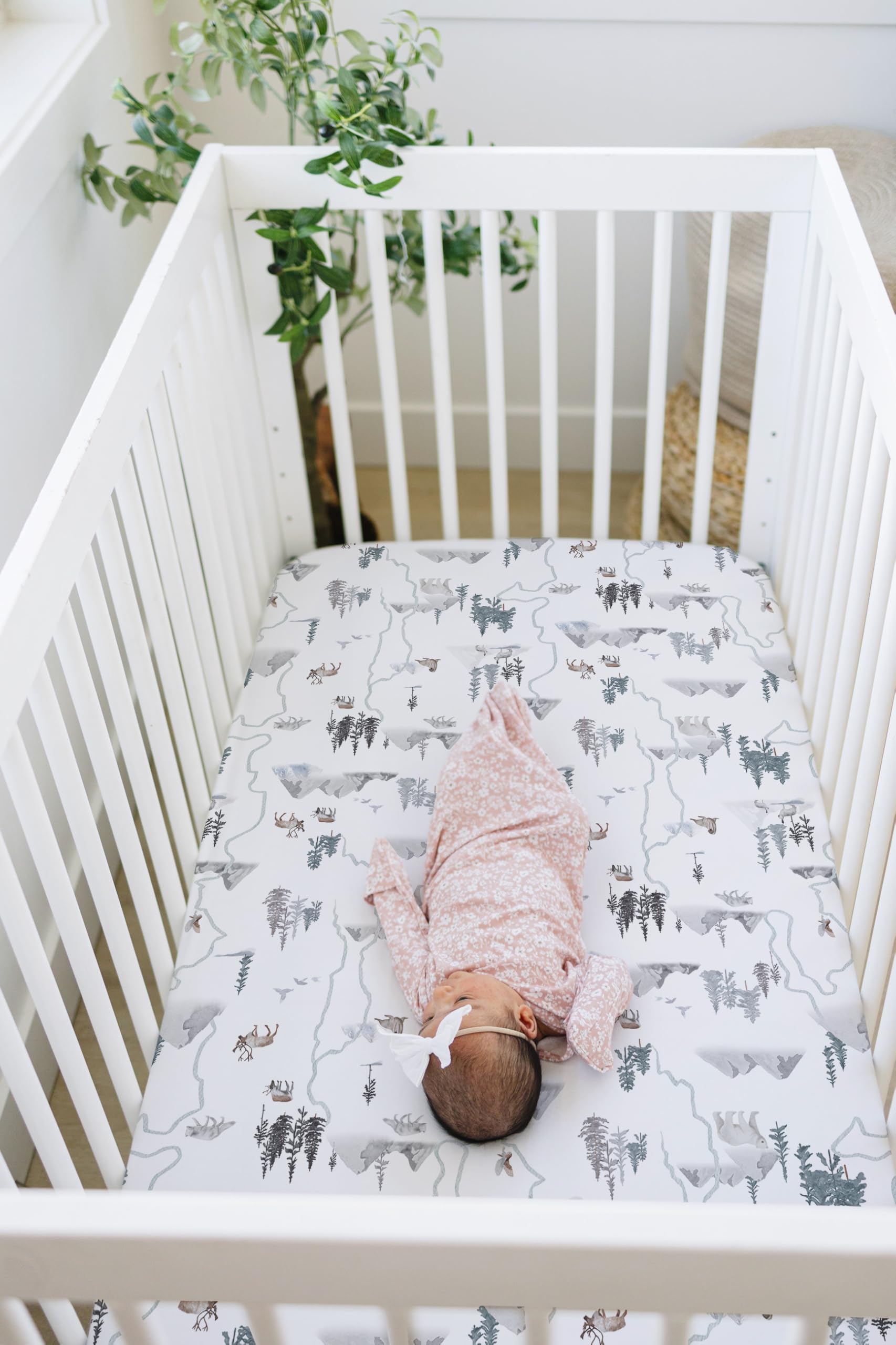 Sorrel + Fern soft-fit crib sheet suits standard and toddler mattresses.
