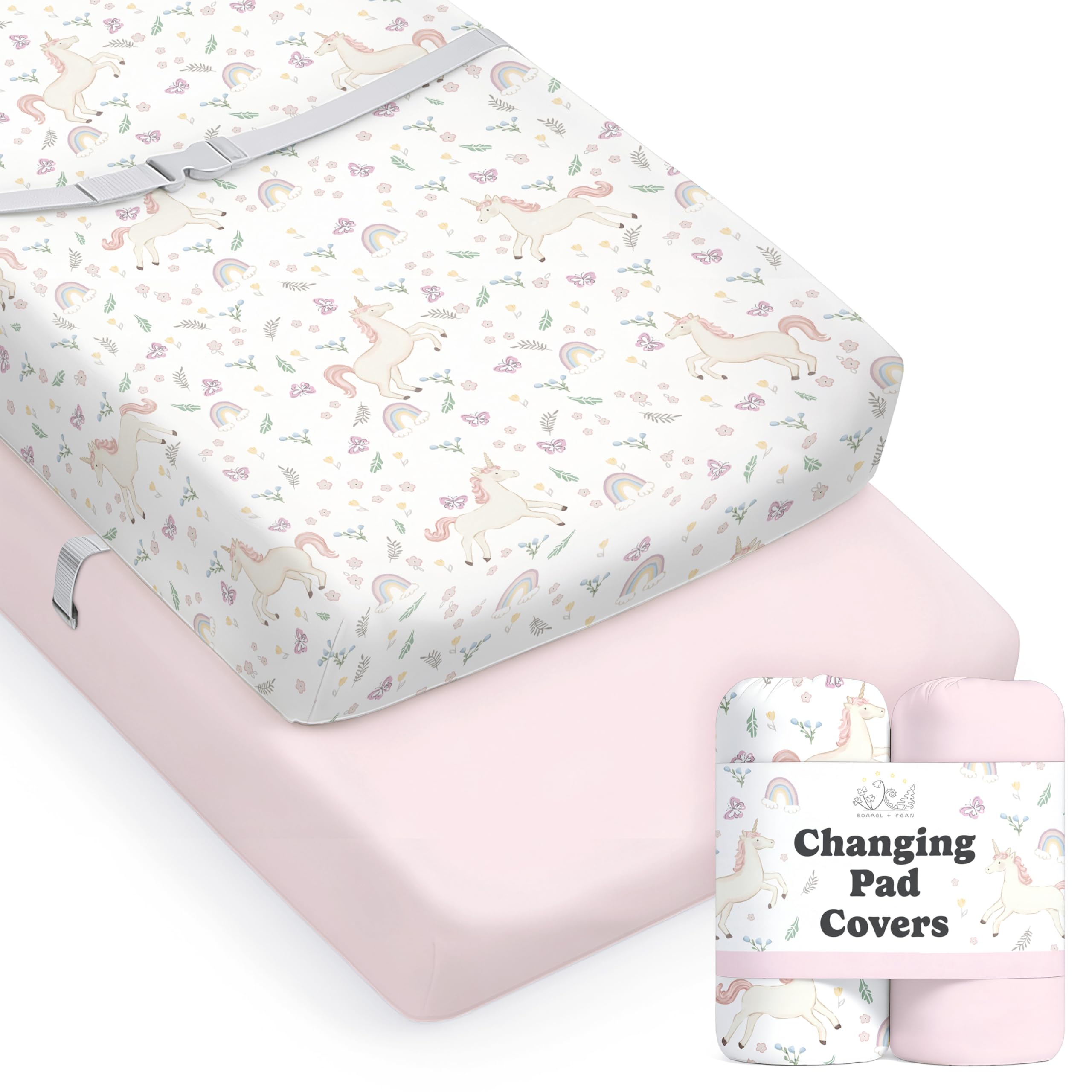 Sorrel + Fern Unicorn Blossom changing pad cover in action, silky cotton blend protects baby during changes.