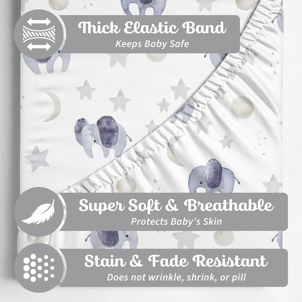 Sorrel + Fern watercolor elephants 2-pack fitted sheets secure a snug bassinet fit.