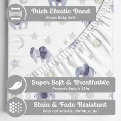 Sorrel + Fern watercolor elephants 2-pack fitted sheets secure a snug bassinet fit.