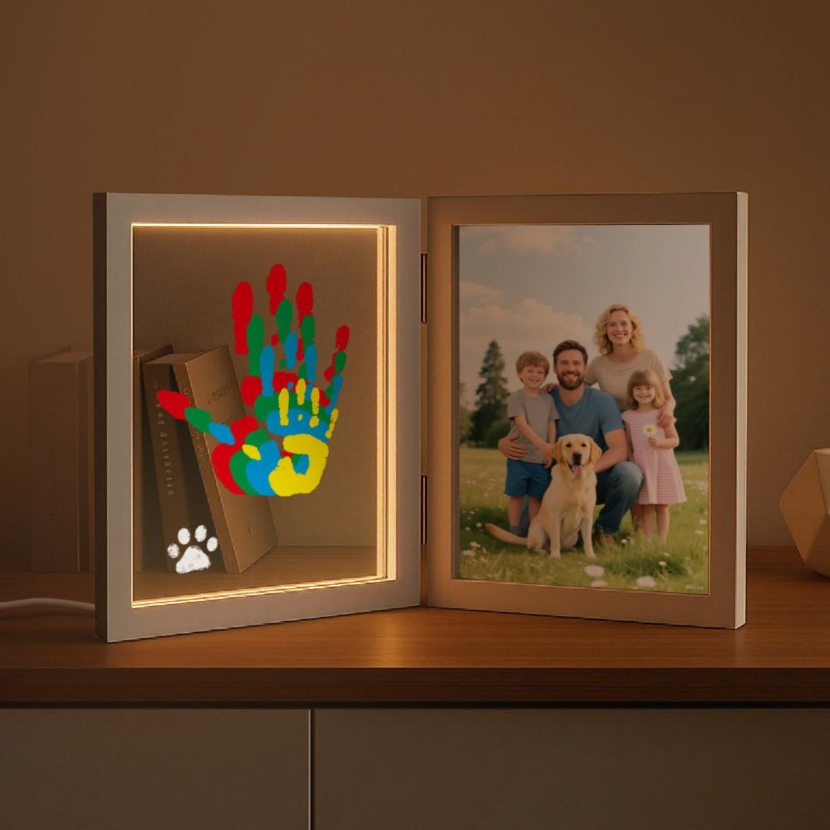 Sortnic family handprint frame with light displaying four prints and a photo for nursery warmth.