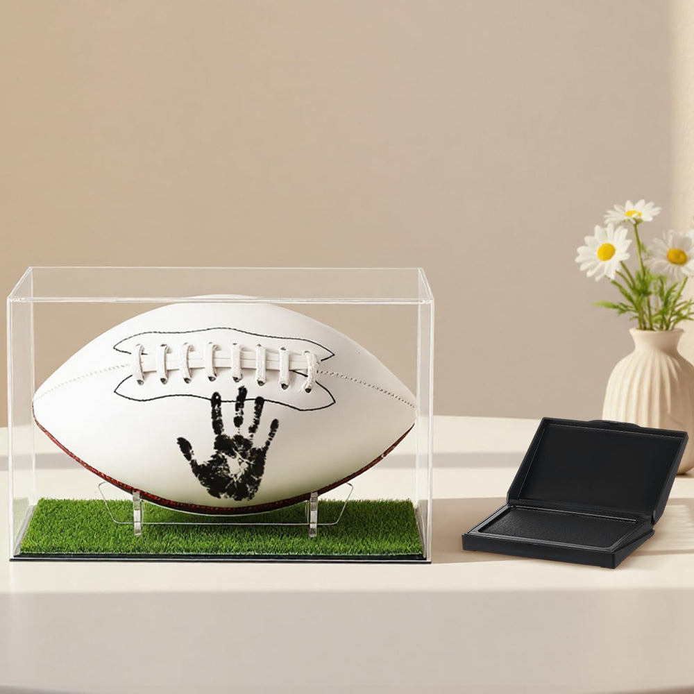 Soulchen football newborn handprint kit in a clear display case preserves precious memories.