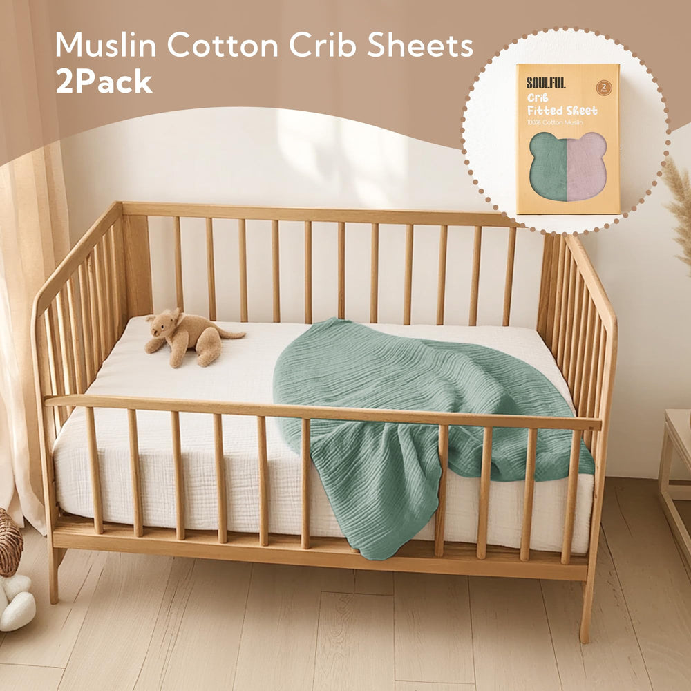 SOULFUL mini muslin crib sheets easy-care feature with machine wash and durable softness.