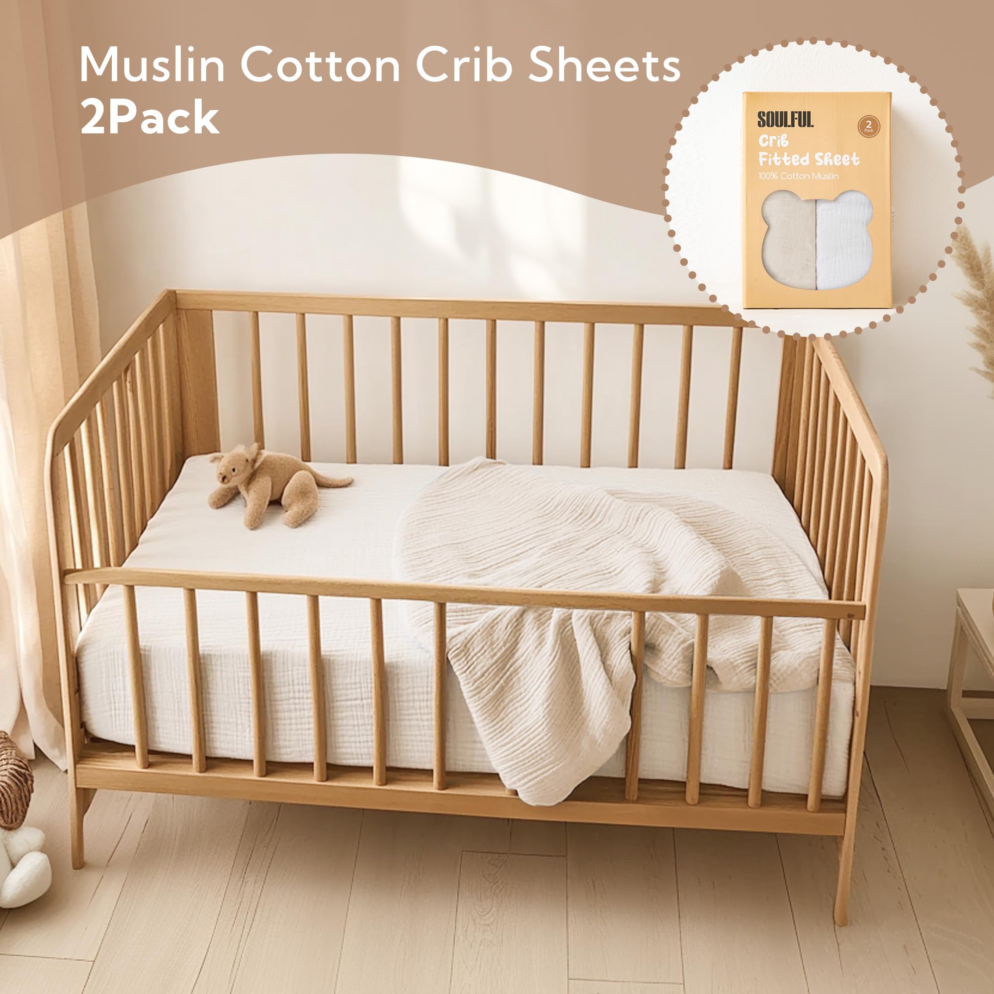 SOULFUL muslin crib sheet—neutral white and beige for versatile nurseries.