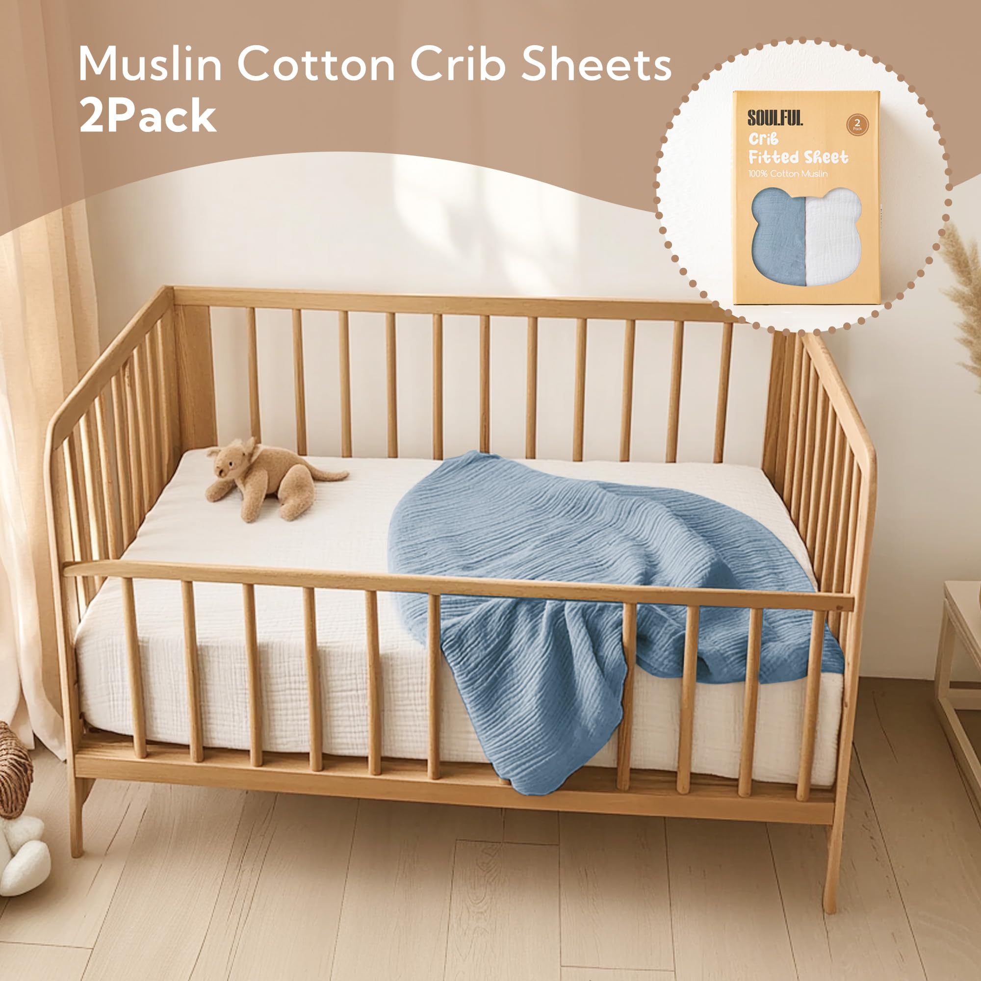 Gift-ready packaging of SOULFUL muslin crib sheets ideal for baby showers.