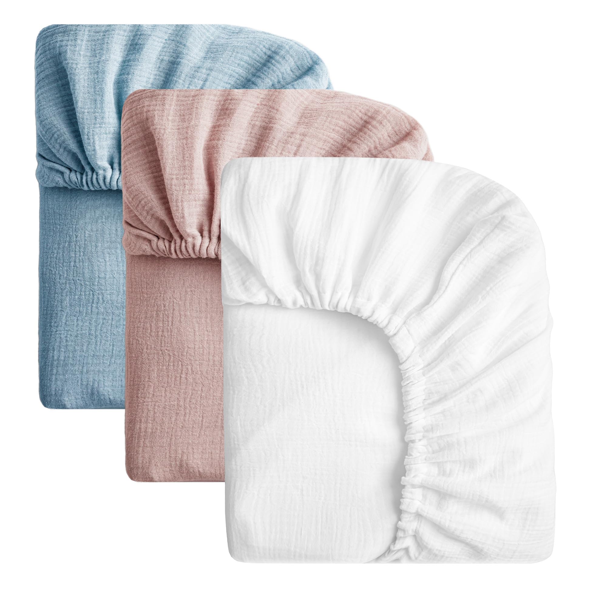 SOULFUL muslin crib sheets 3-pack in white, dusty-rose, blue for versatile nursery styling
