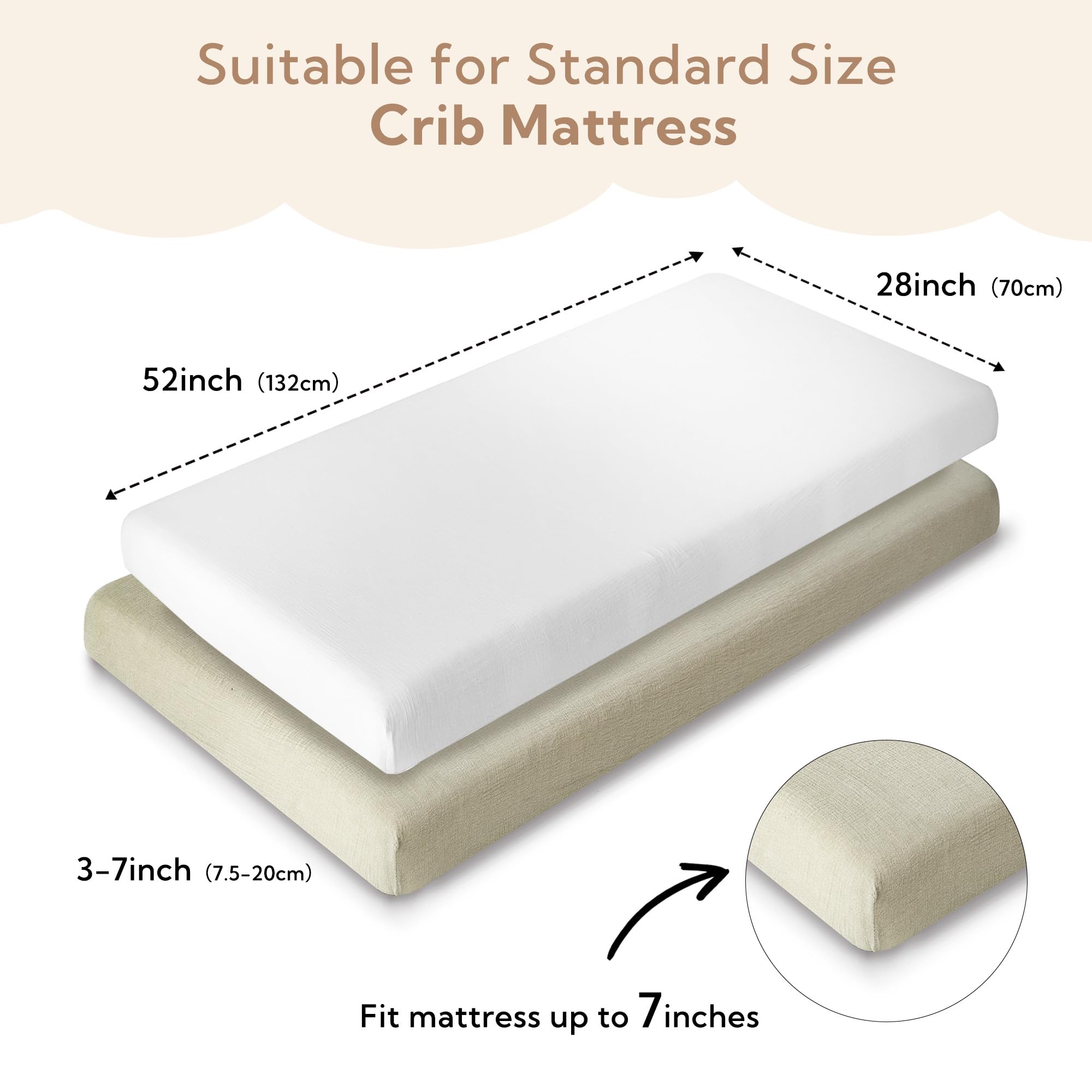 SOULFUL crib sheet with elastic band keeps sheets flat and secure on standard crib.