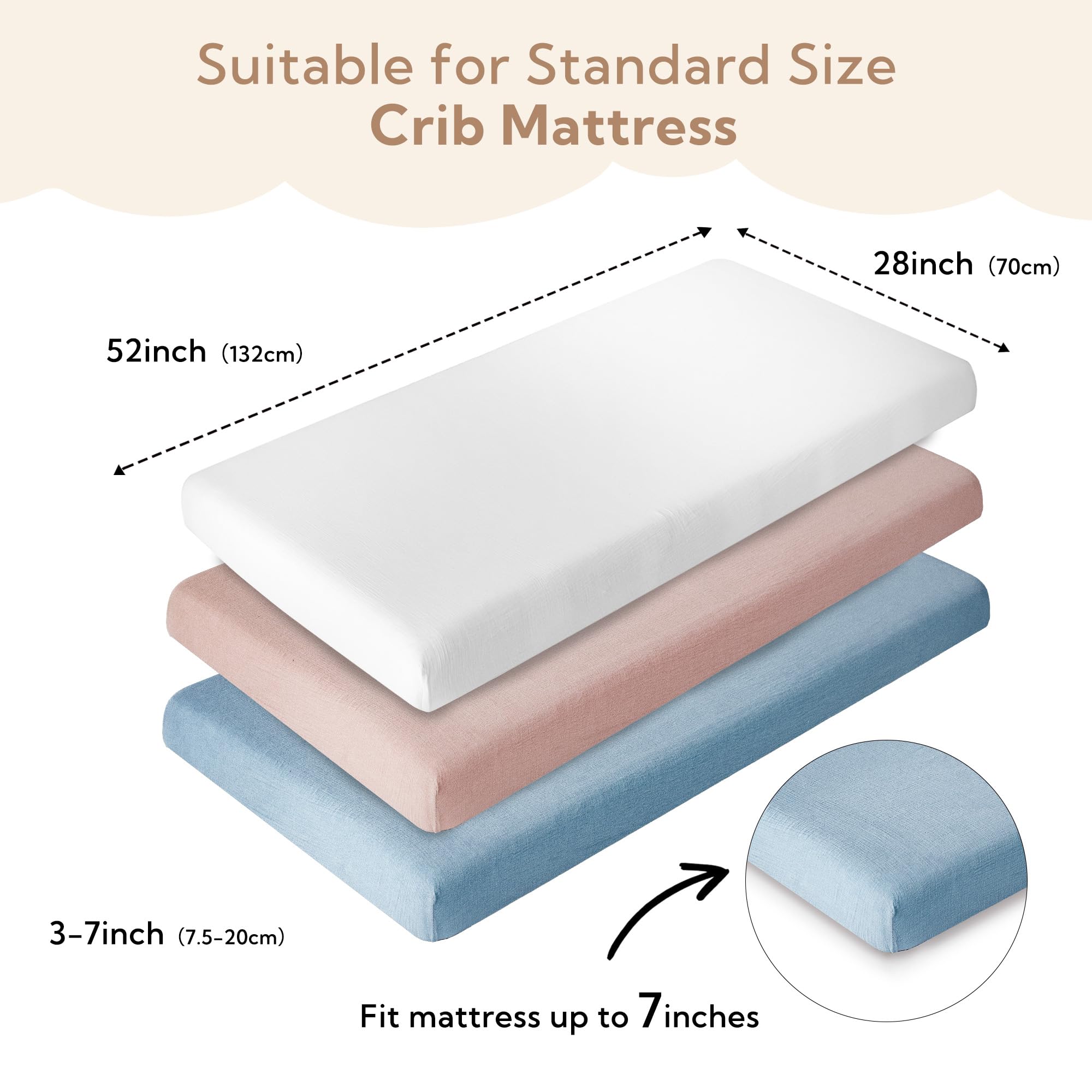 SOULFUL muslin crib sheets elastic-fit design secures a flat, snug mattress cover