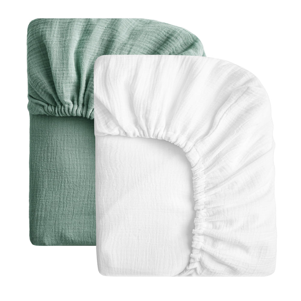 SOULFUL muslin crib sheets front view in white and green, soft and breathable for baby sleep