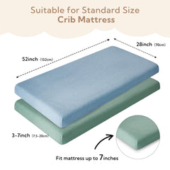 SOULFUL green-blue elastic-fit crib sheets keep the mattress flat and secure.