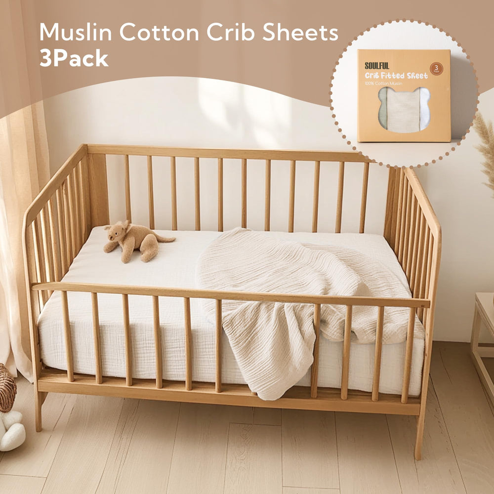SOULFUL muslin crib sheets nursery scene in use for cozy sleep