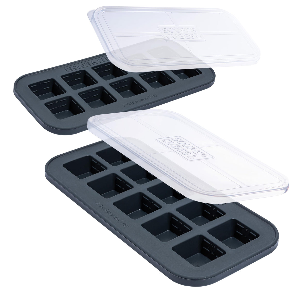 Souper Cubes 2 Tbsp freezer mold with charcoal lid for organized portions.