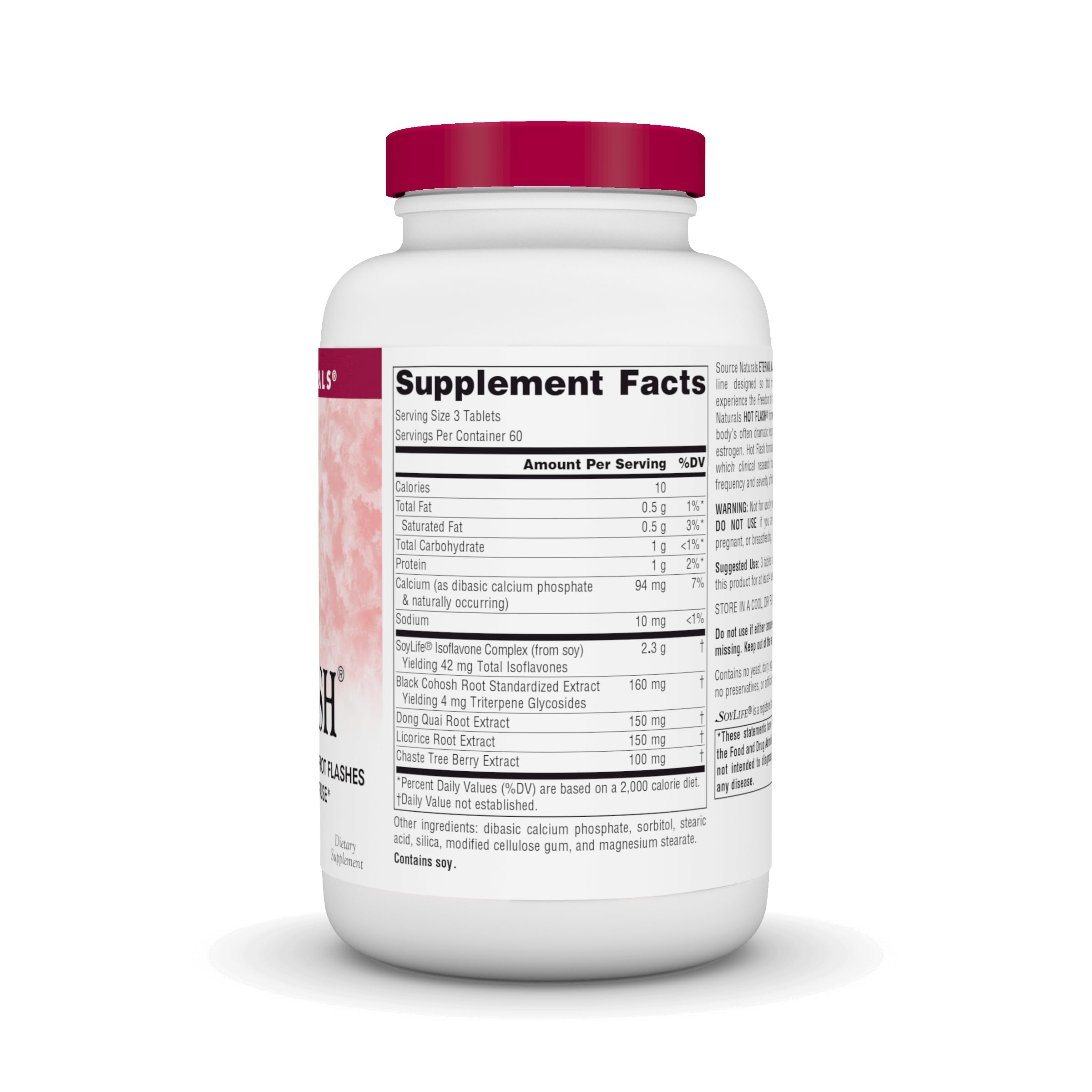 Back label view detailing dosage and quality on the Hot Flash bottle.