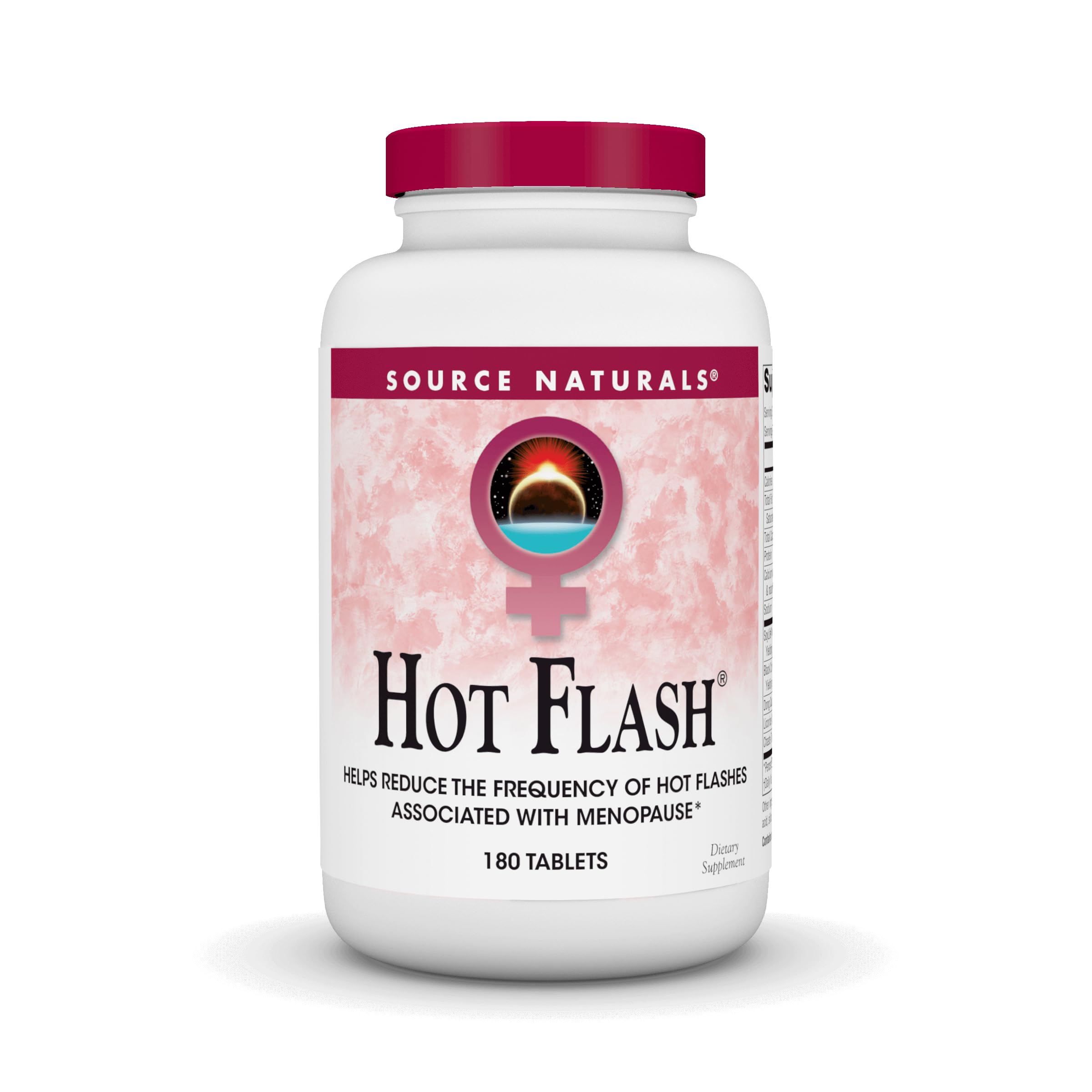 Source Naturals Hot Flash bottle front showing non-GMO soy formula for menopause support.