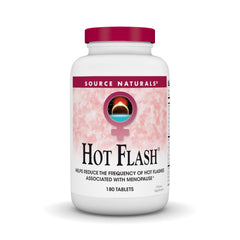 Source Naturals Hot Flash bottle front showing non-GMO soy formula for menopause support.