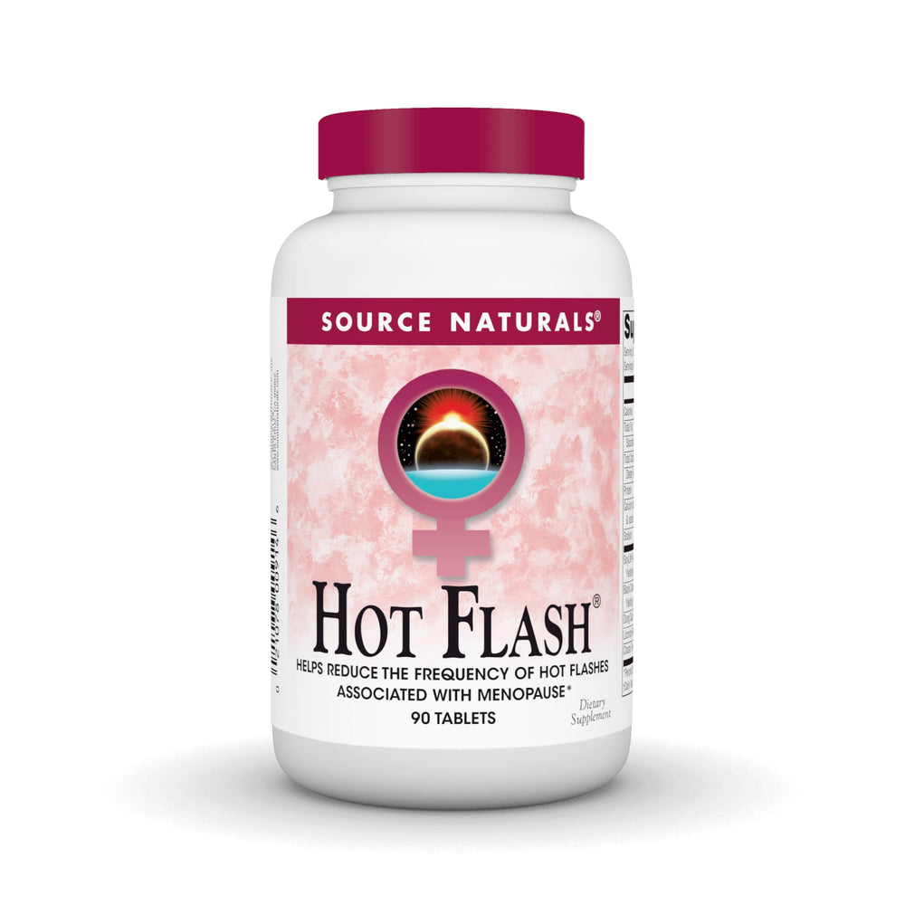 Source Naturals Hot Flash bottle with capsules for potential menopause support.