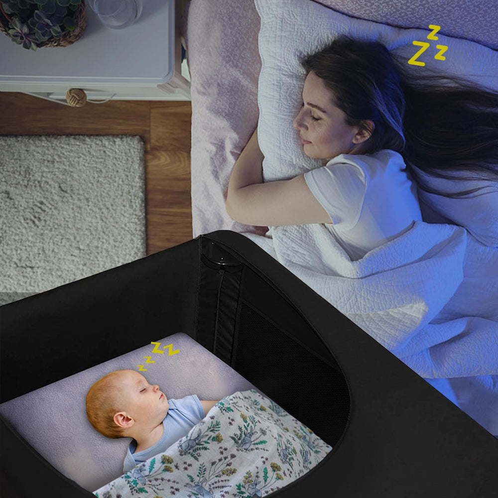 South to East blackout cover fully extended with crib tent for sleep in bright rooms.