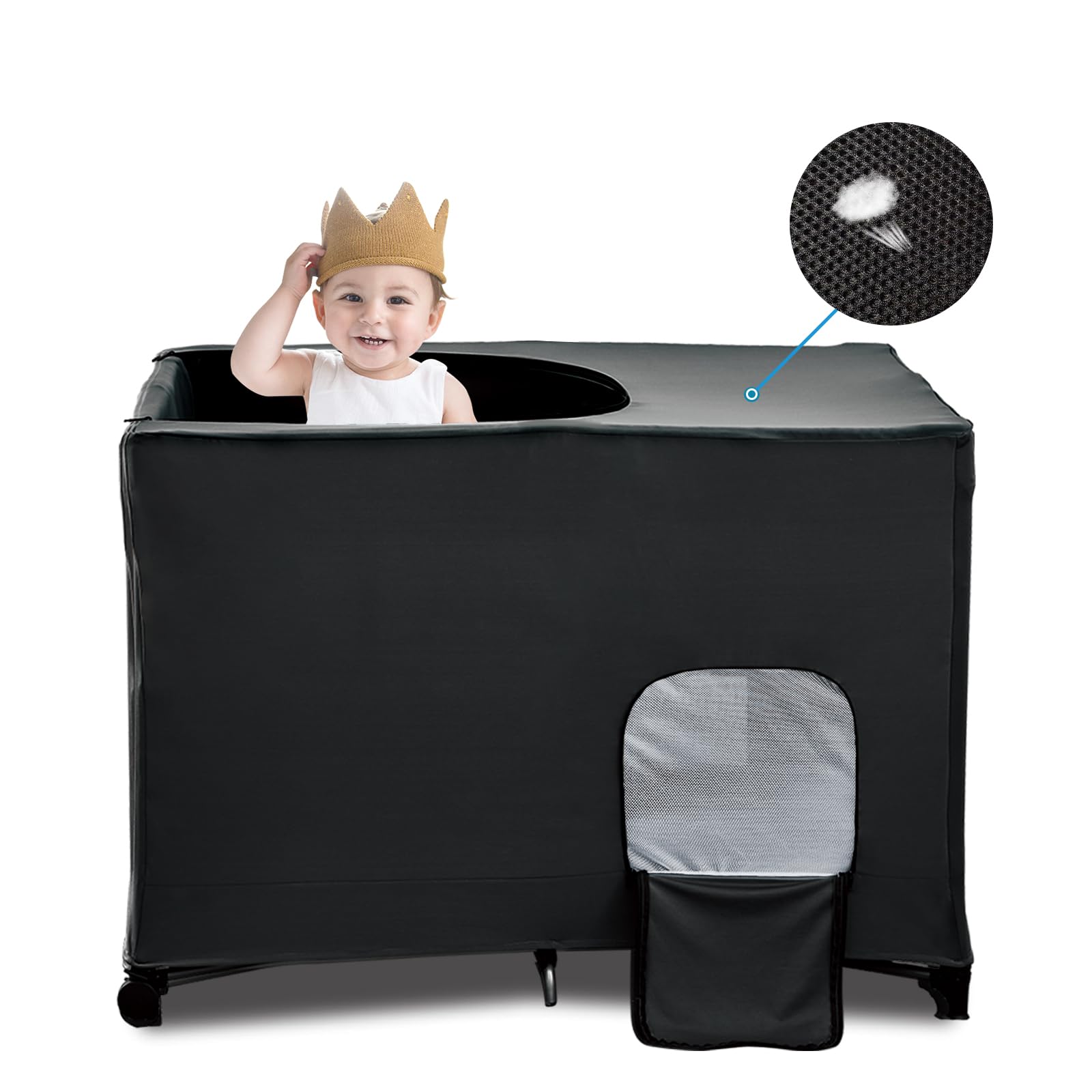 South to East Pack N Play blackout cover fitted on a crib for dark, restful naps.