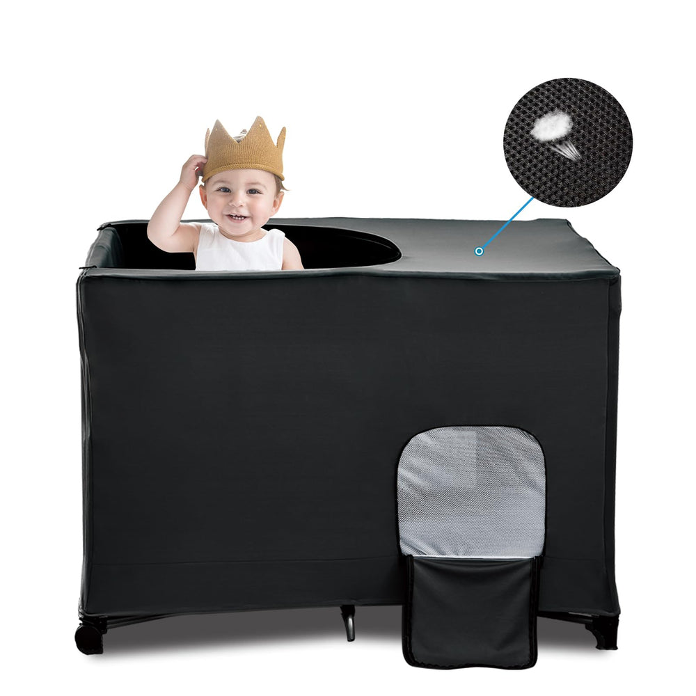 South to East Pack N Play blackout cover fitted on a crib for dark, restful naps.