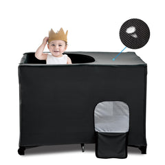 South to East Pack N Play blackout cover fitted on a crib for dark, restful naps.
