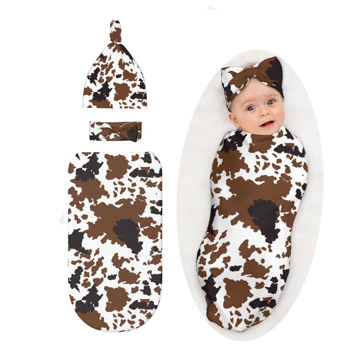 Sozzjile brown cow print swaddle blanket shows cozy warmth for newborns
