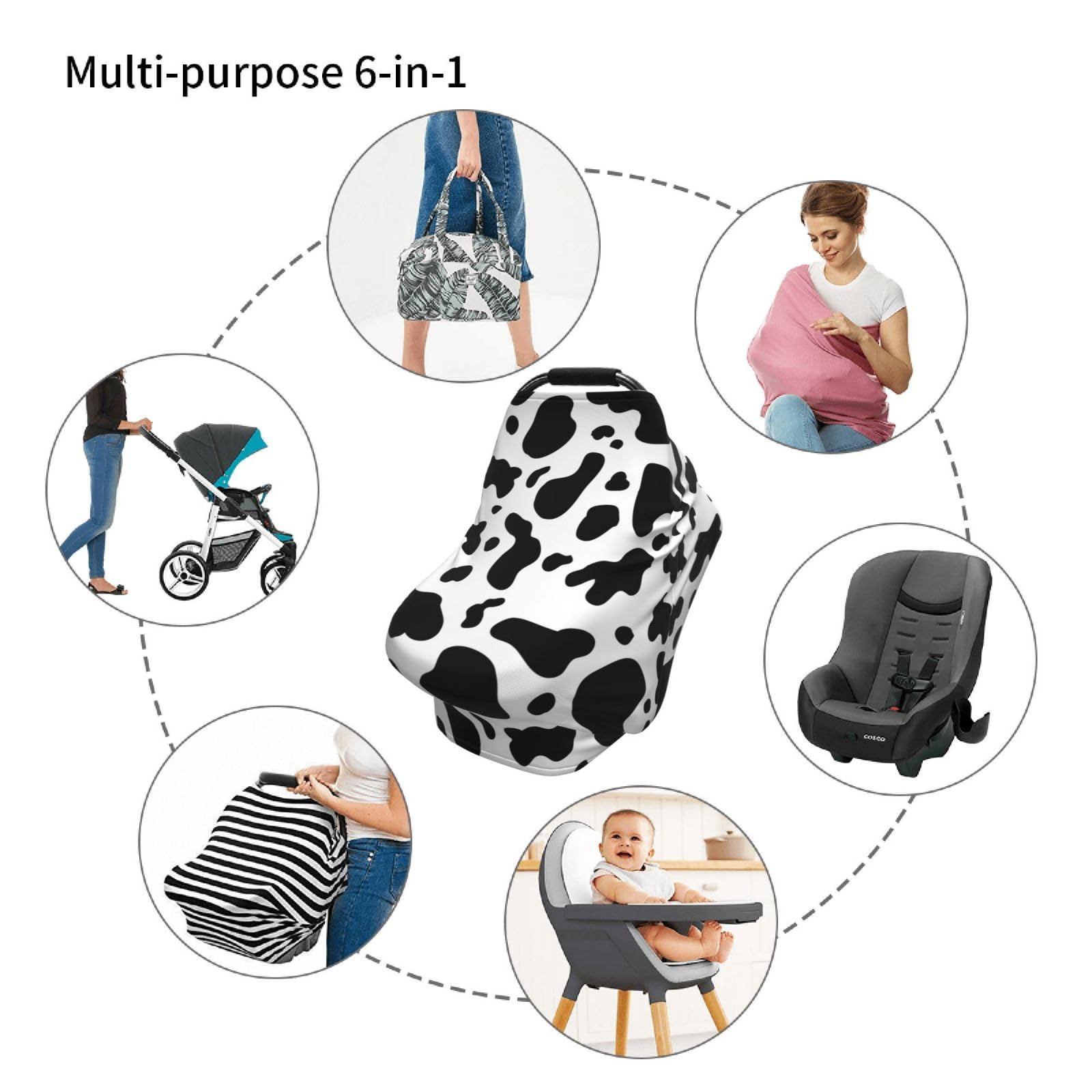 Sozzjile cow print feeding chair cover adds hygiene and charm.