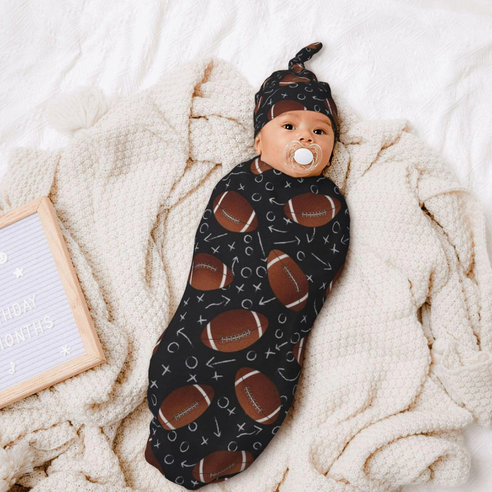 Sozzjile football baby hat with adjustable knot for a secure fit.