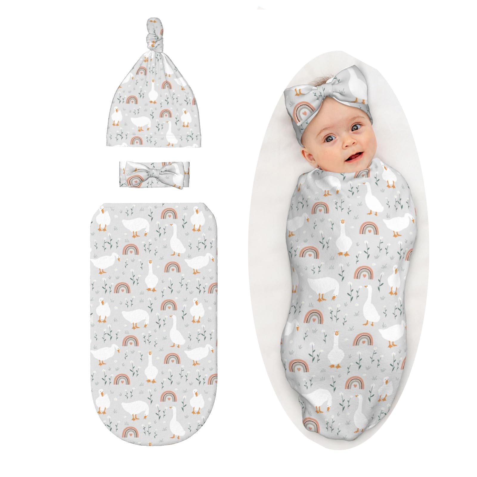 Sozzjile Goose swaddle blanket with headband and beanie in rainbow colors, cozy for newborns.