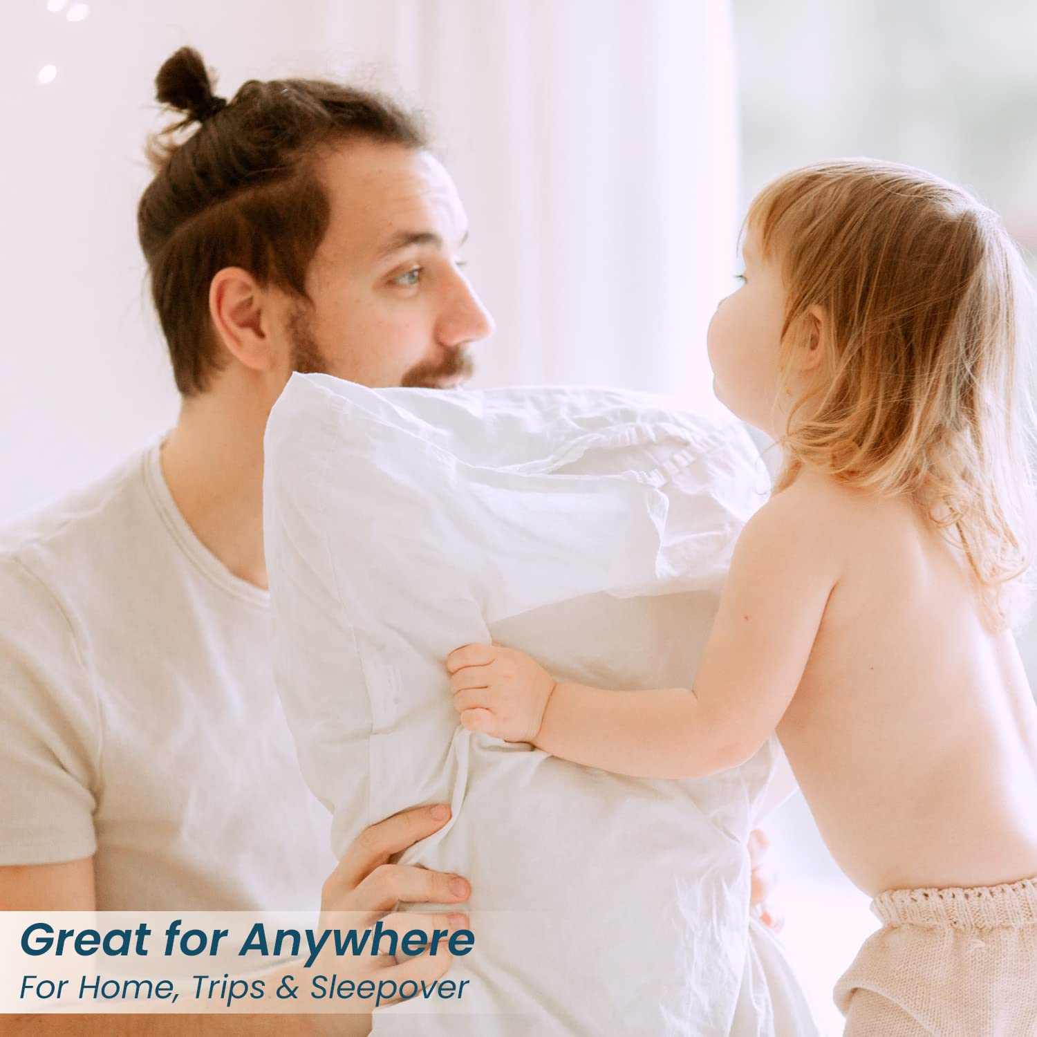 SP Cotton soft white pillowcase on toddler bed, gentle against skin.