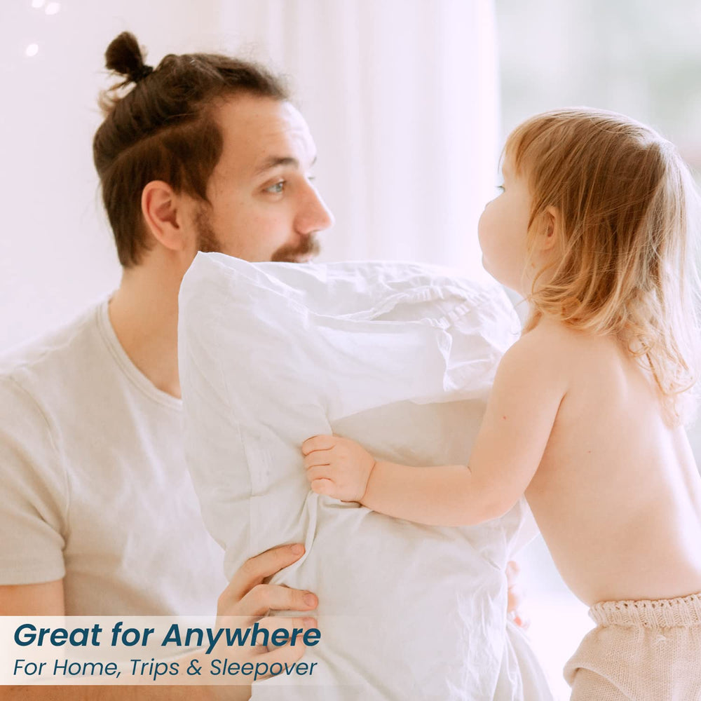 SP Cotton soft white pillowcase on toddler bed, gentle against skin.