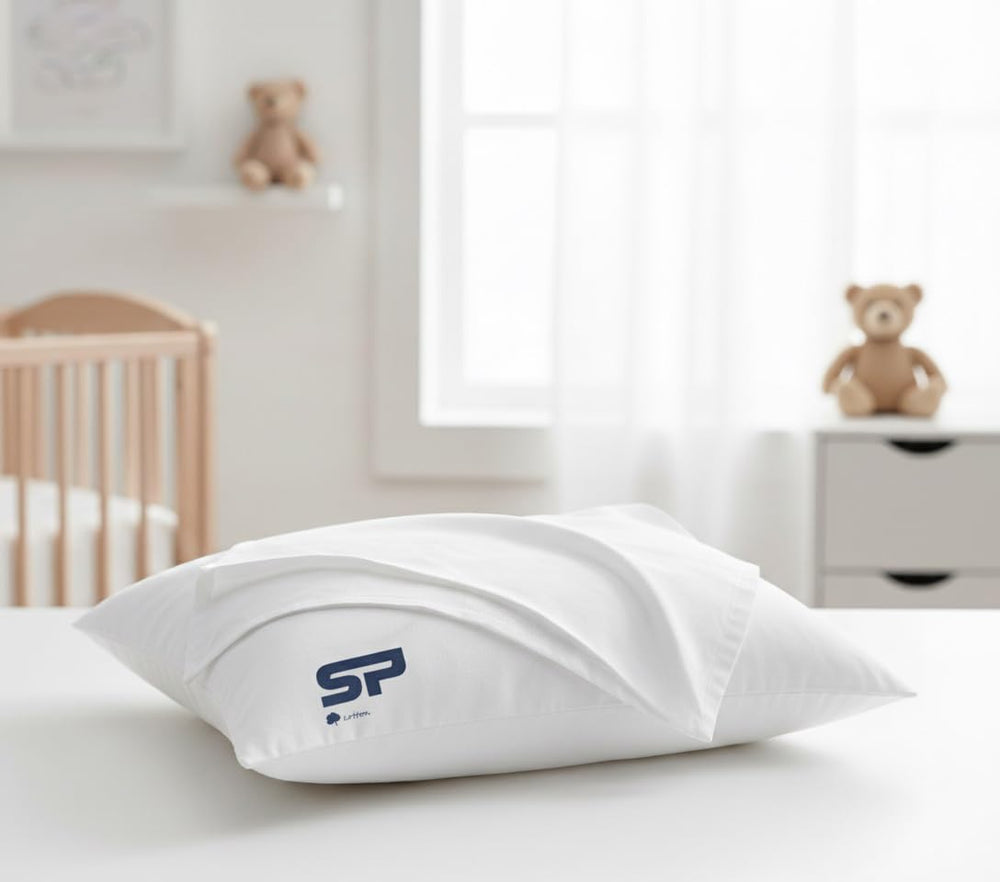 SP Cotton toddler pillowcase set in white solid, two pieces, 12x16 inches, soft and breathable.