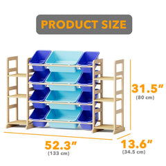 Large blue SpaceAid bin helps sort books, blocks, and plush toys clearly.
