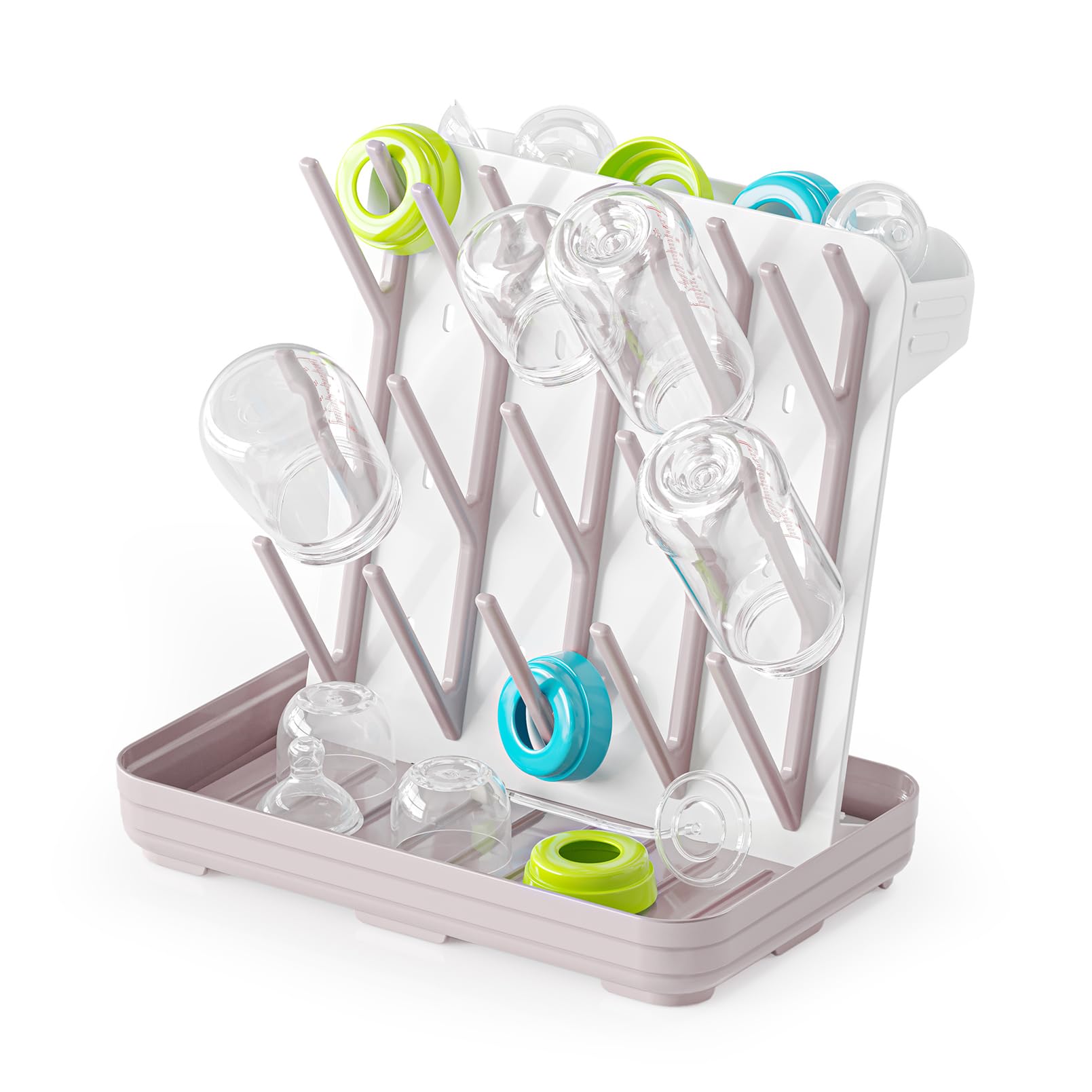 SpaceAid bottle drying rack with 20 hooks in white and taupe keeps bottles organized and dry