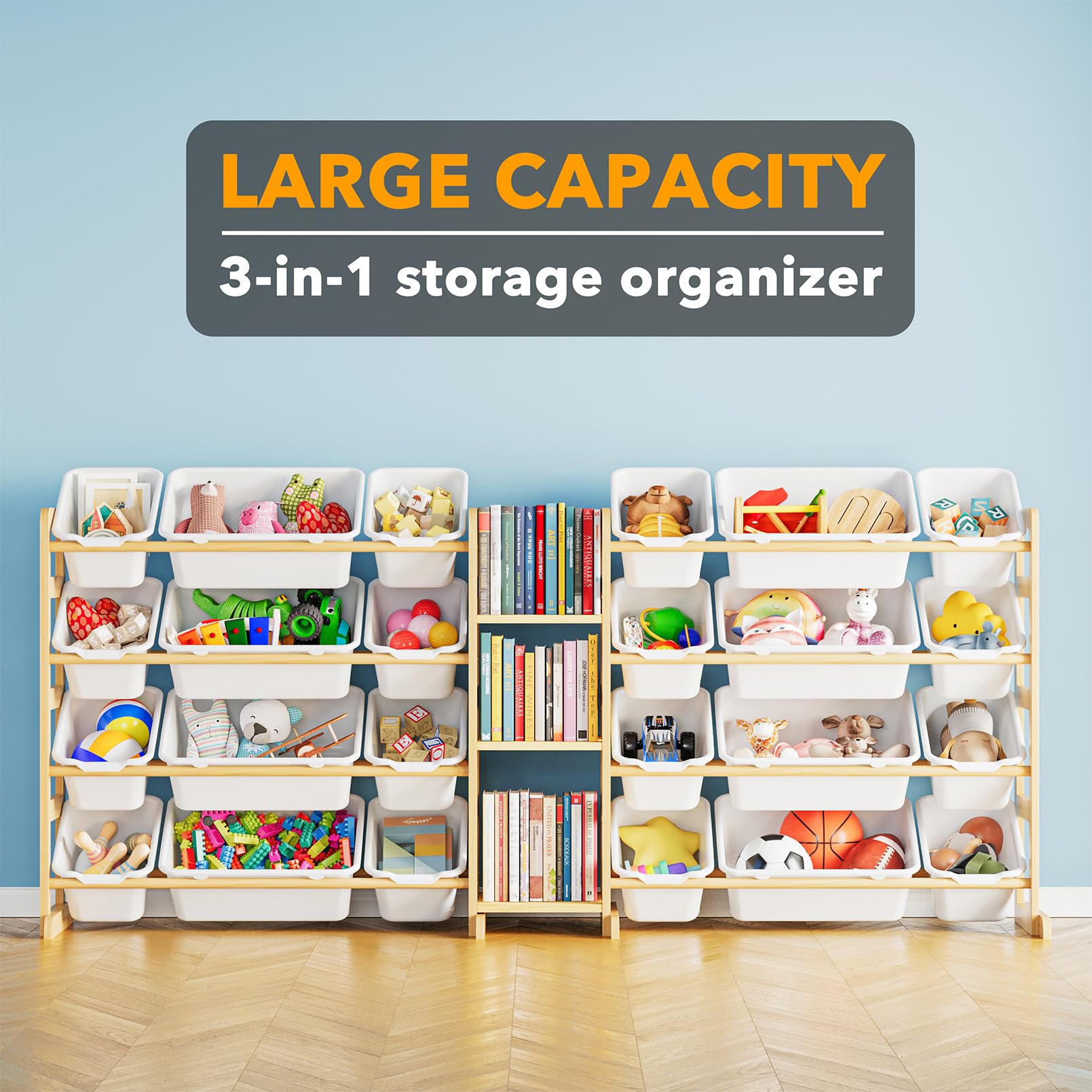 SpaceAid modern pine toy shelf complements bedrooms with a clean, stylish look.