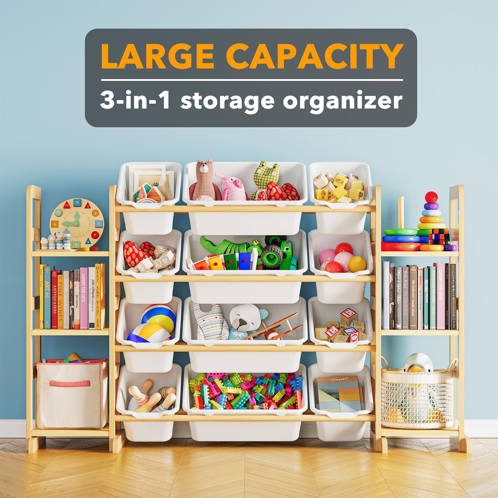 SpaceAid playroom organizer on shelves demonstrates easy access to toys and books.