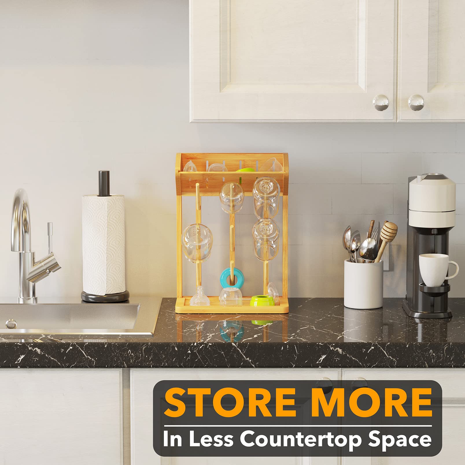 SpaceAid bamboo rack saves counter space on busy mornings