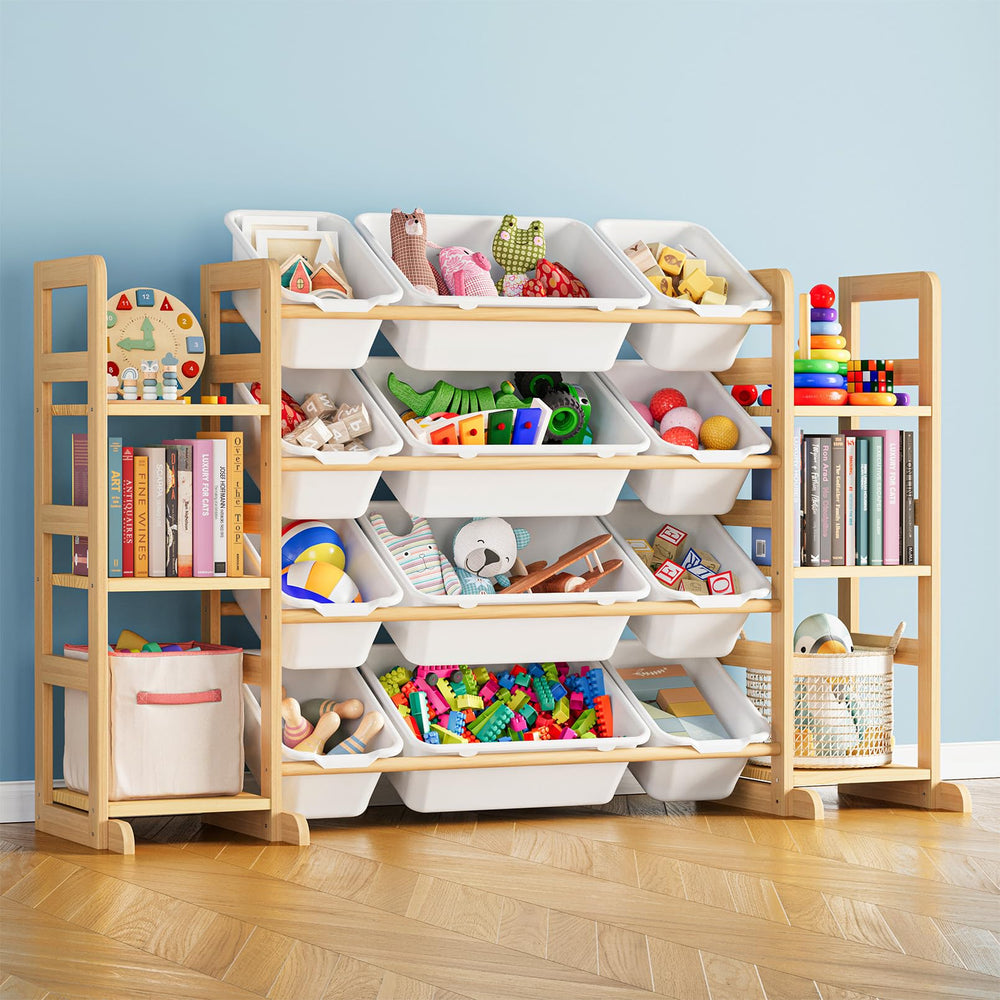 SpaceAid toy storage organizer six shelves twelve bins in white for tidy playrooms.